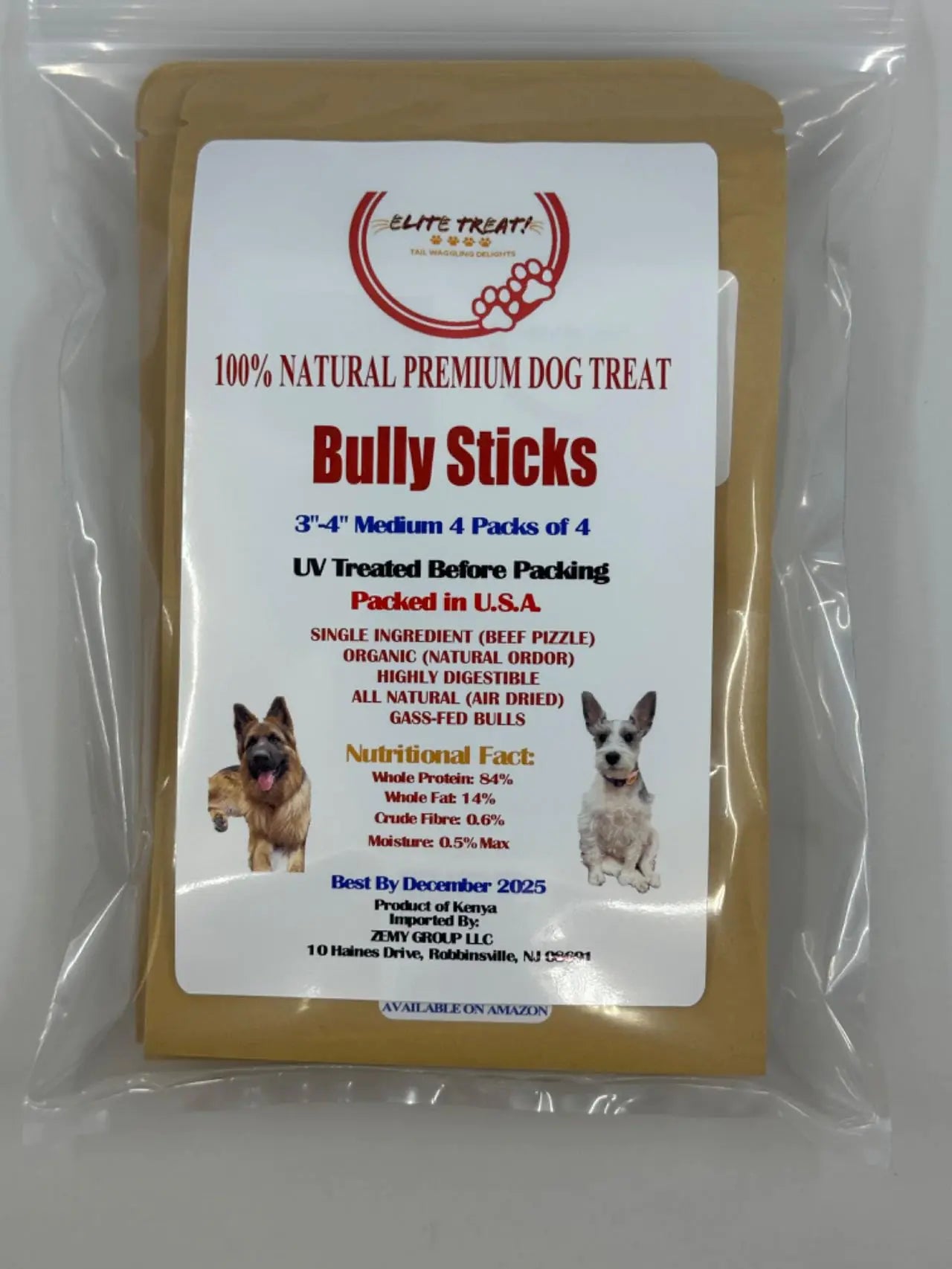 PUREBEEF Chewy Bully Sticks 4-Pack (3-4 Inch)